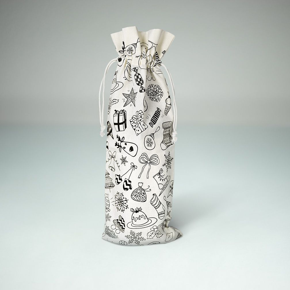50 stuks Ecologische Katoenen Wijnfles Zakjes met Kerst Doodle Print