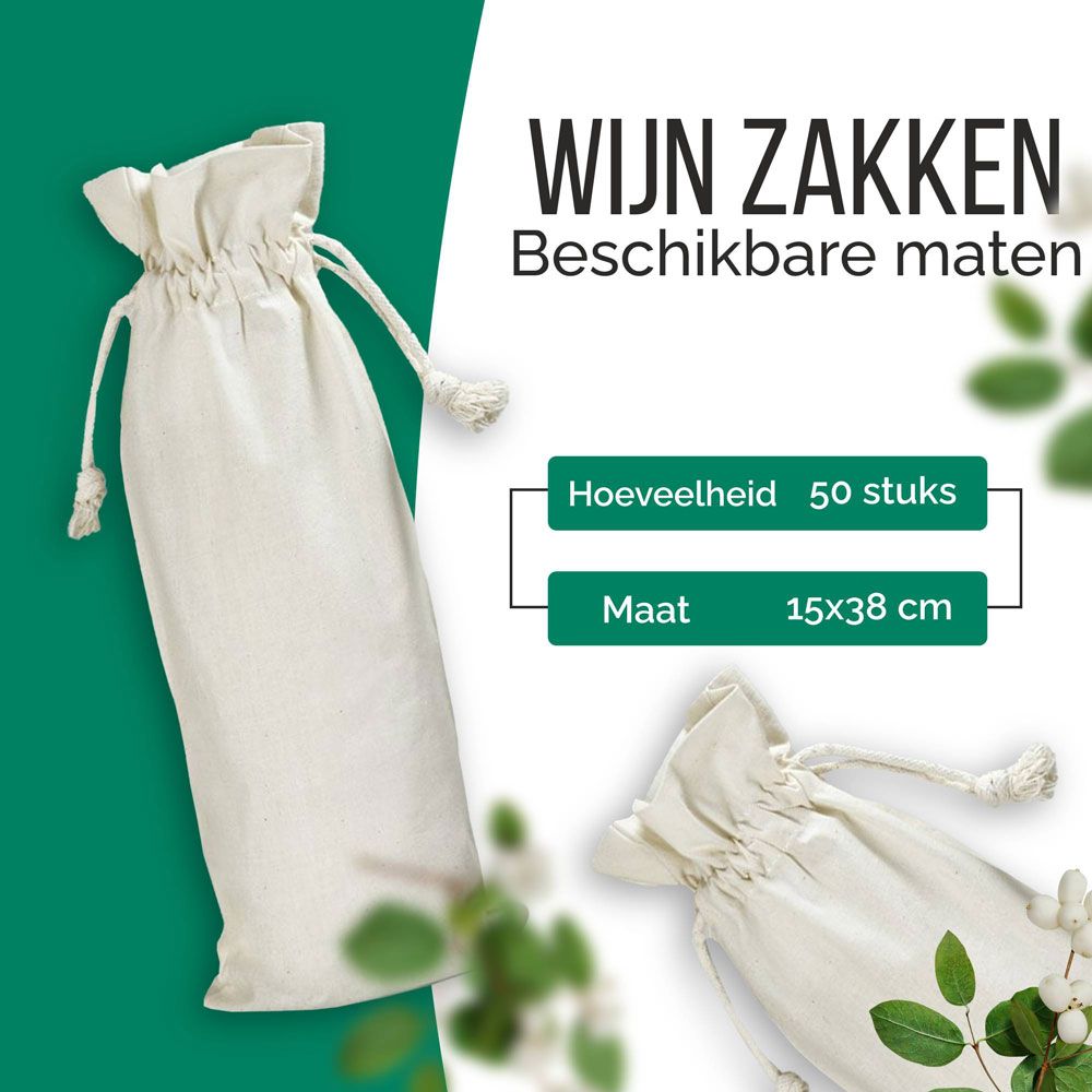 50 stuks Wijnfleszak Ecologisch Katoen 15x38cm