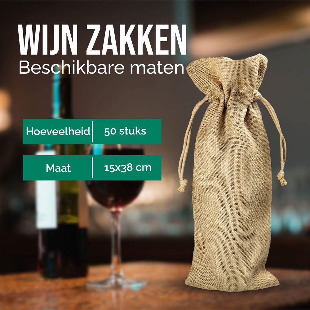 50 Stuks 290 grams Bio Jute Wijnfles Zakjes 15x38cm