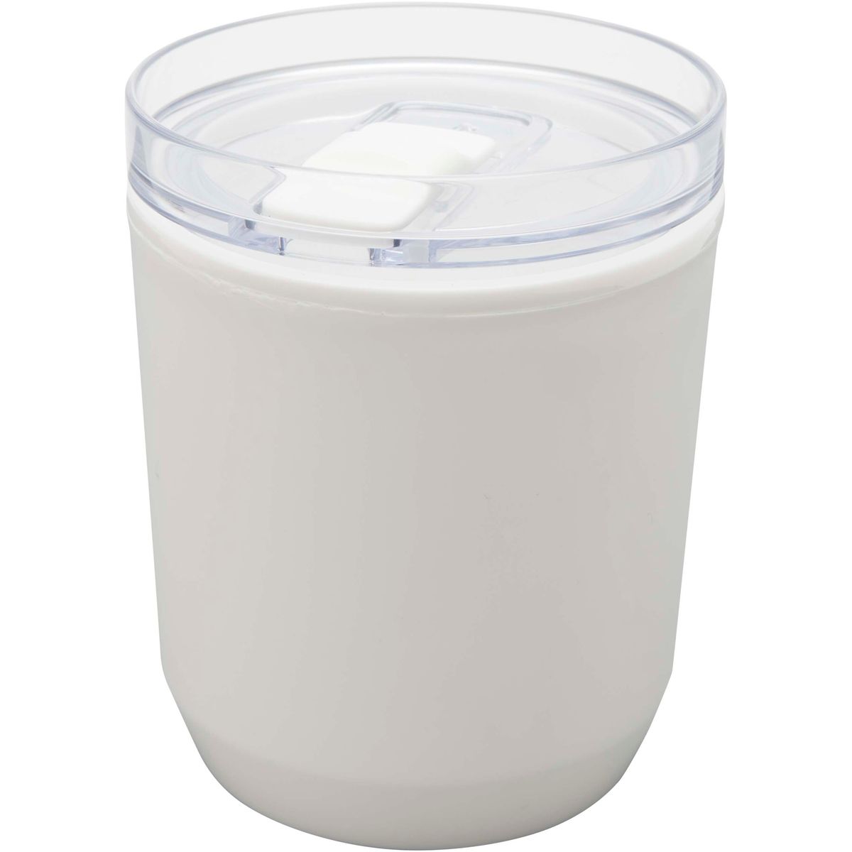 Dubbelwandige bekers 180 ml van gerecycled kunststof met schuifdeksel