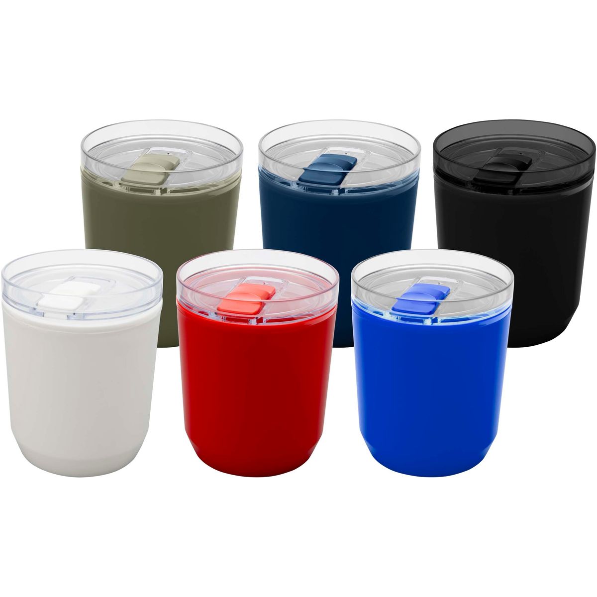 Dubbelwandige bekers 180 ml van gerecycled kunststof met schuifdeksel