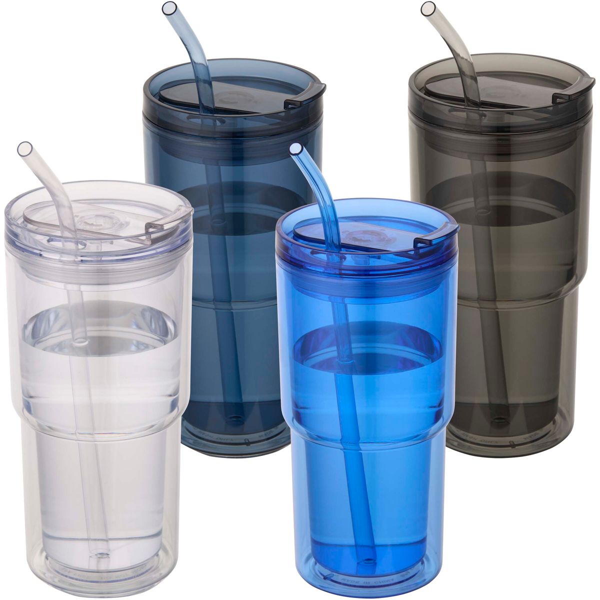 Dubbelwandige kunststof bekers 480 ml met rietje