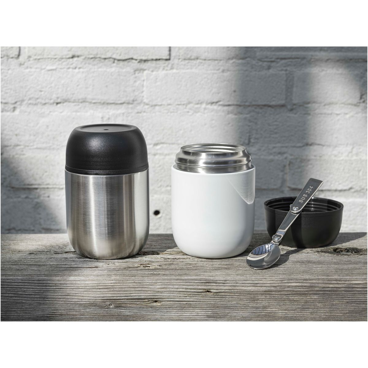 Dubbelwandige lunchpotten 480 ml met lepel, van gerecycled RVS