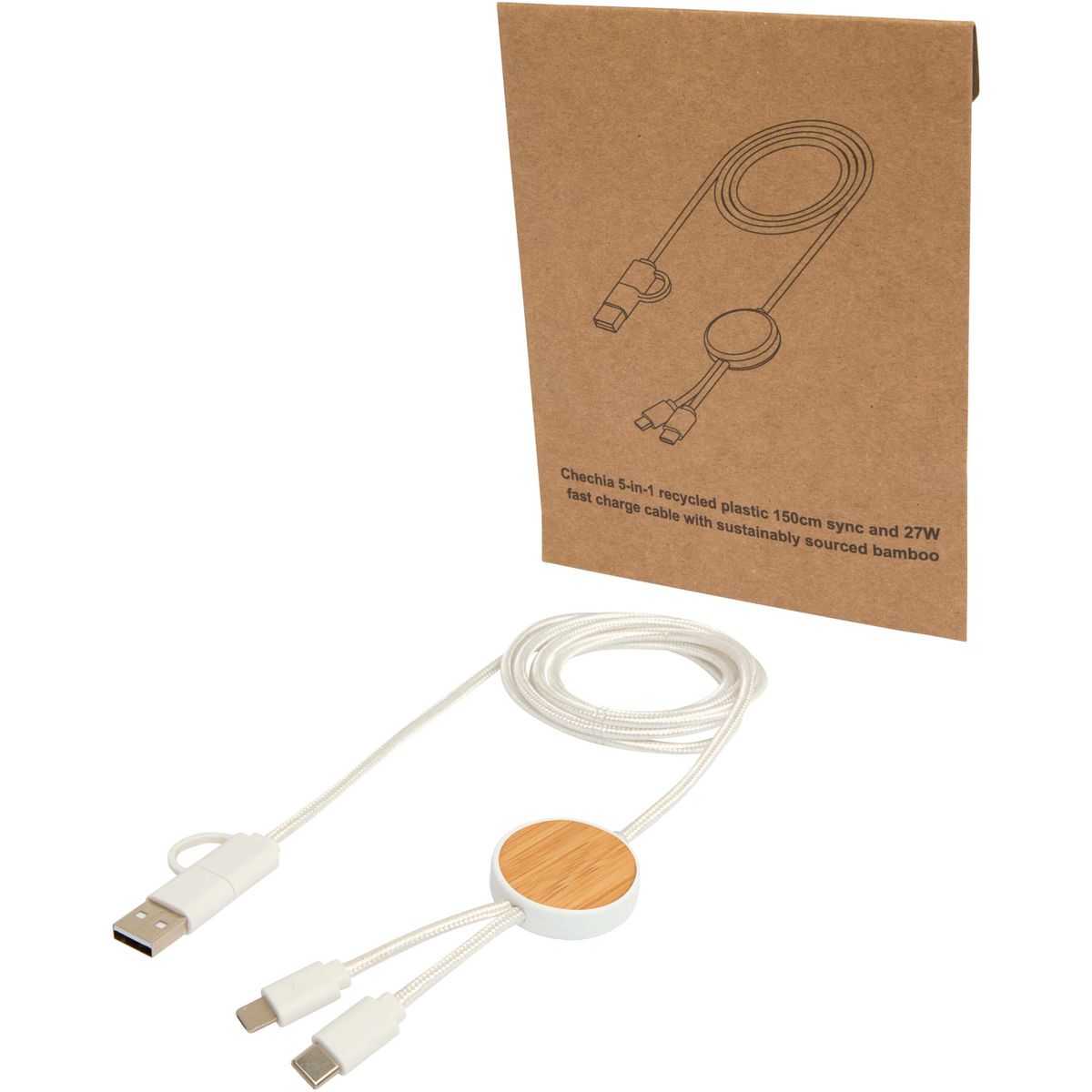 Gerecyclede 5-in-1-snellaadkabels 150 cm, 27 W, met bamboedetails