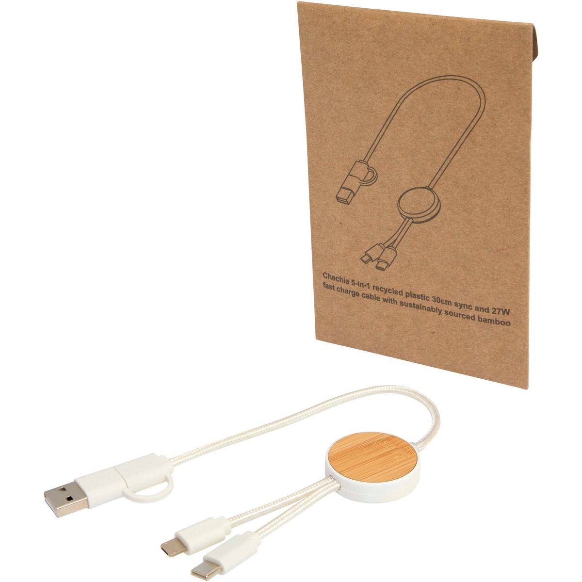 Gerecyclede 5-in-1-snellaadkabels 30 cm, 27 W, met bamboedetails