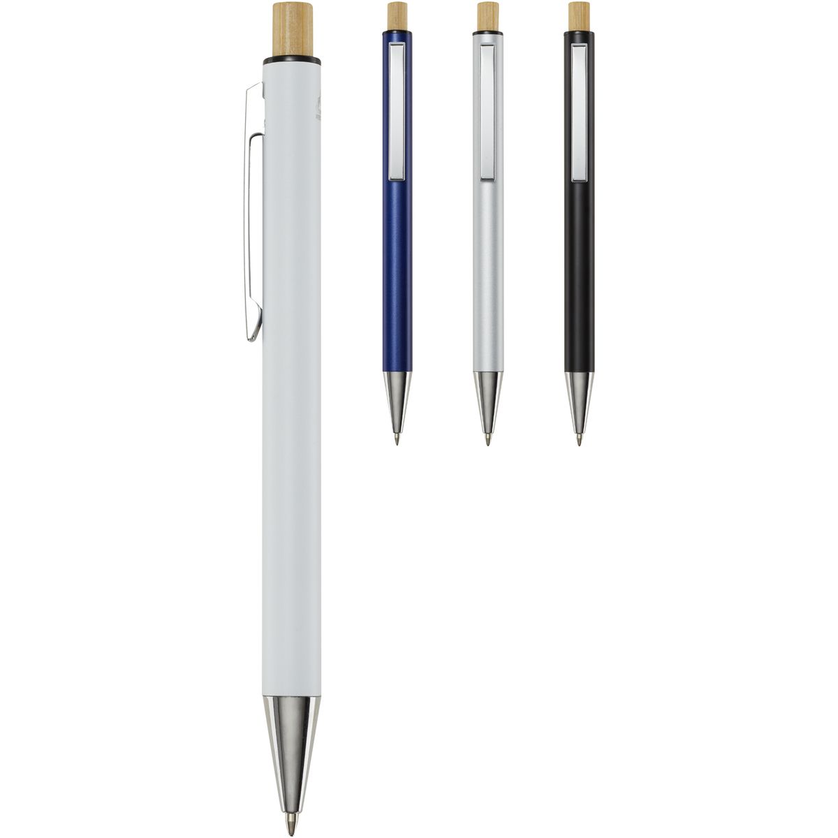 Gerecyclede aluminium balpennen met bamboeknop, blauwe inkt, Cyrus