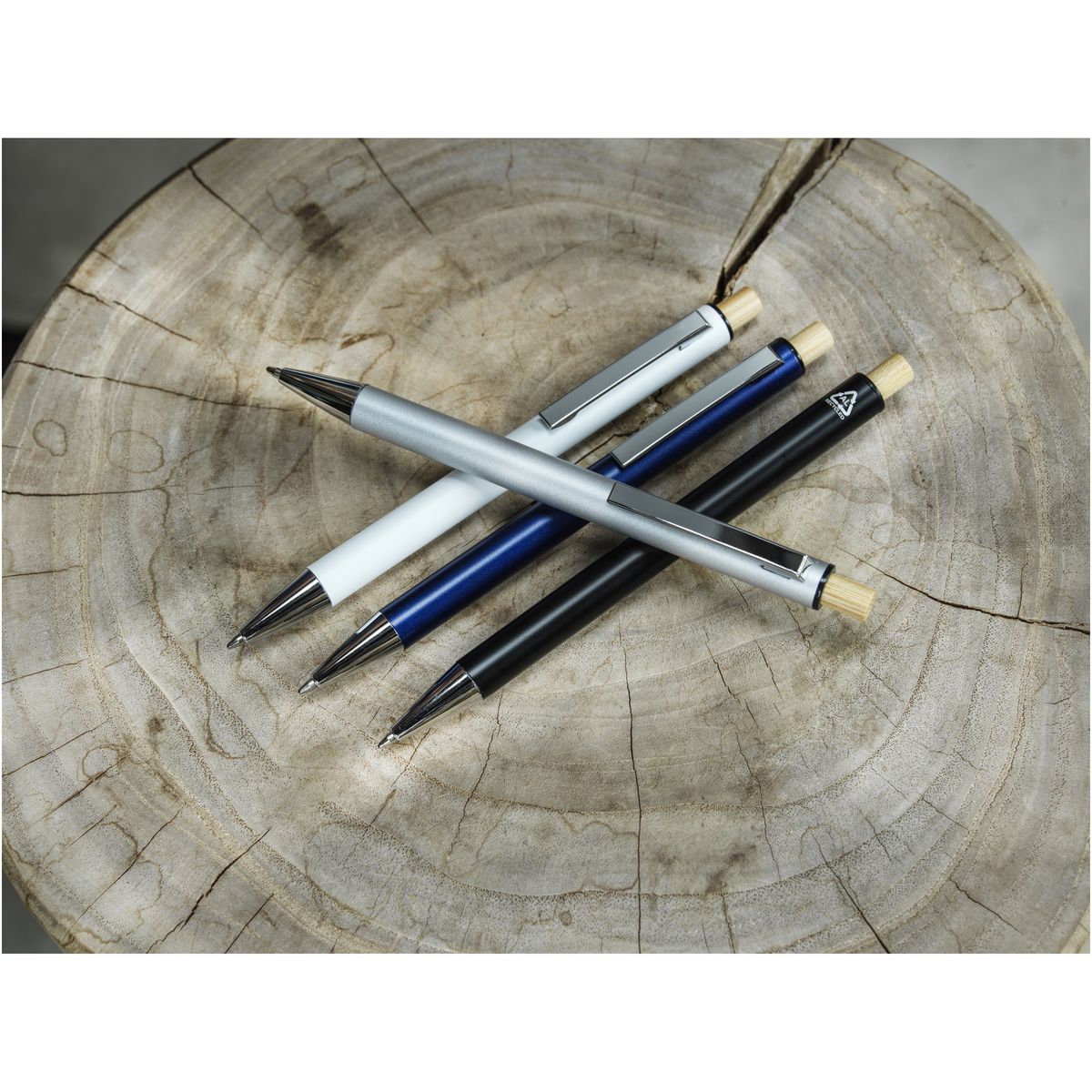 Gerecyclede aluminium balpennen met bamboeknop, blauwe inkt, Cyrus