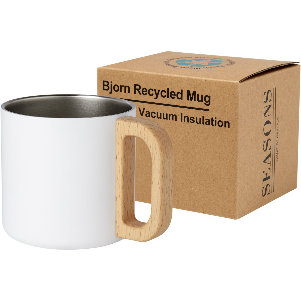 Gerecyclede geïsoleerde RVS-mokken 360 ml met beukenhouten handvat