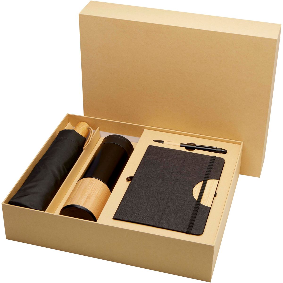Geschenksets met A5-notitieboek, balpen, waterfles en paraplu