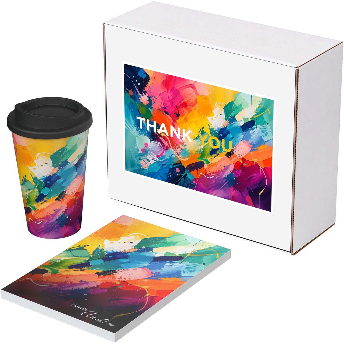 Geschenksets met beker 350 ml en A5-notitieboek met zachte kaft