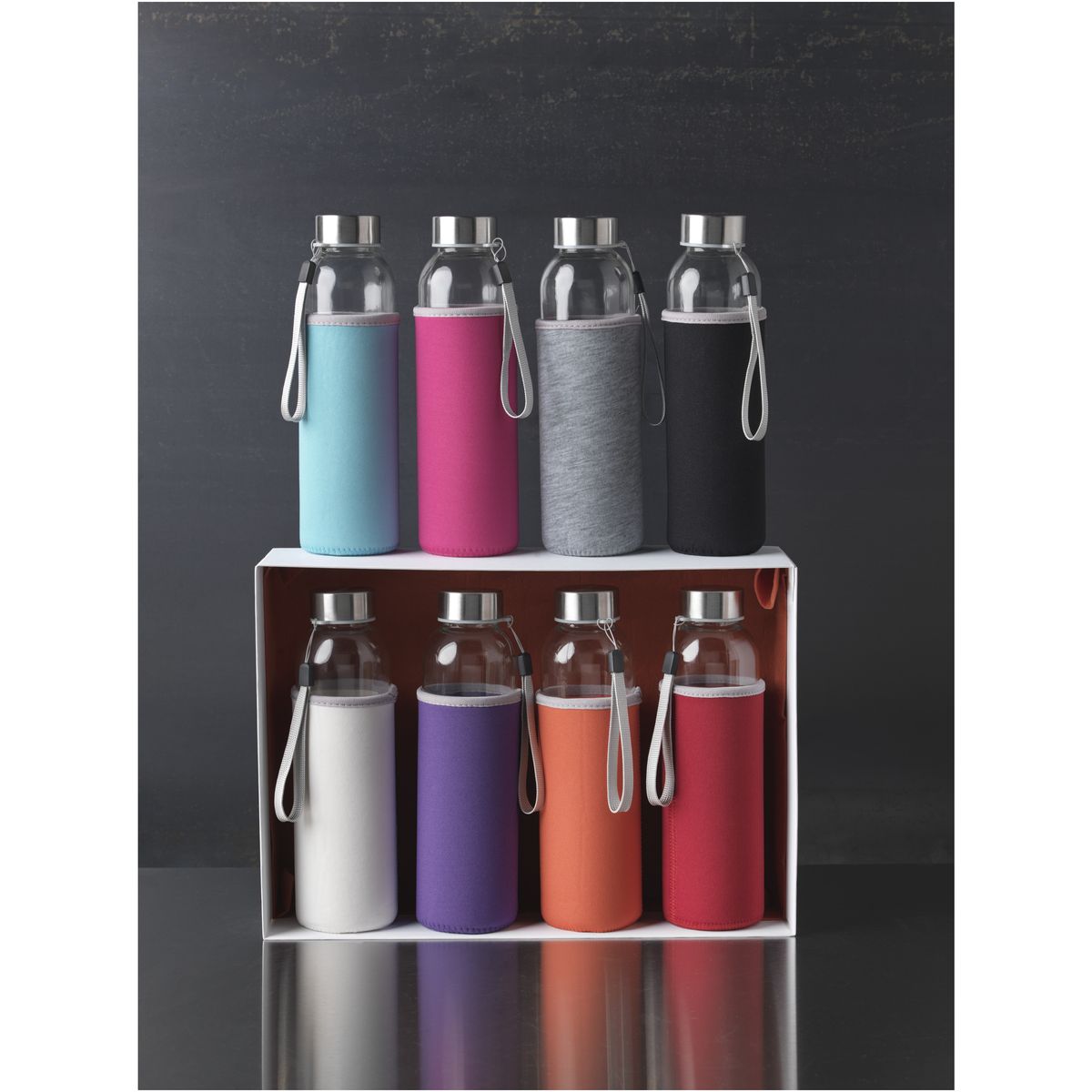 Glazen drinkflessen 500 ml met neopreen hoes