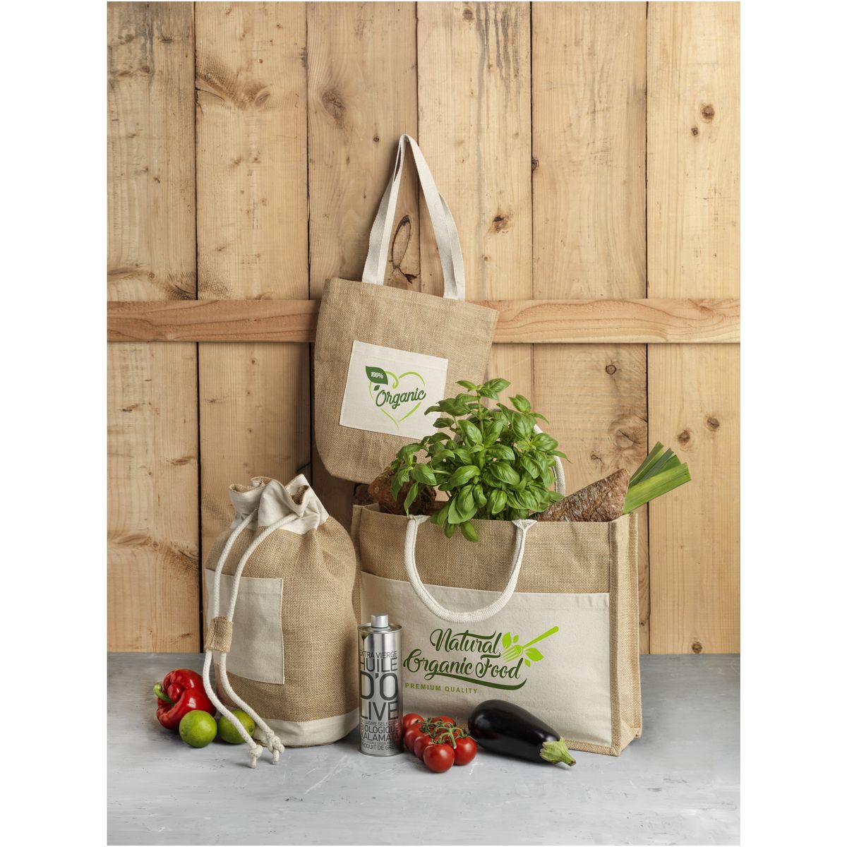 Jute draagtassen met katoenen voorvak, 18 liter