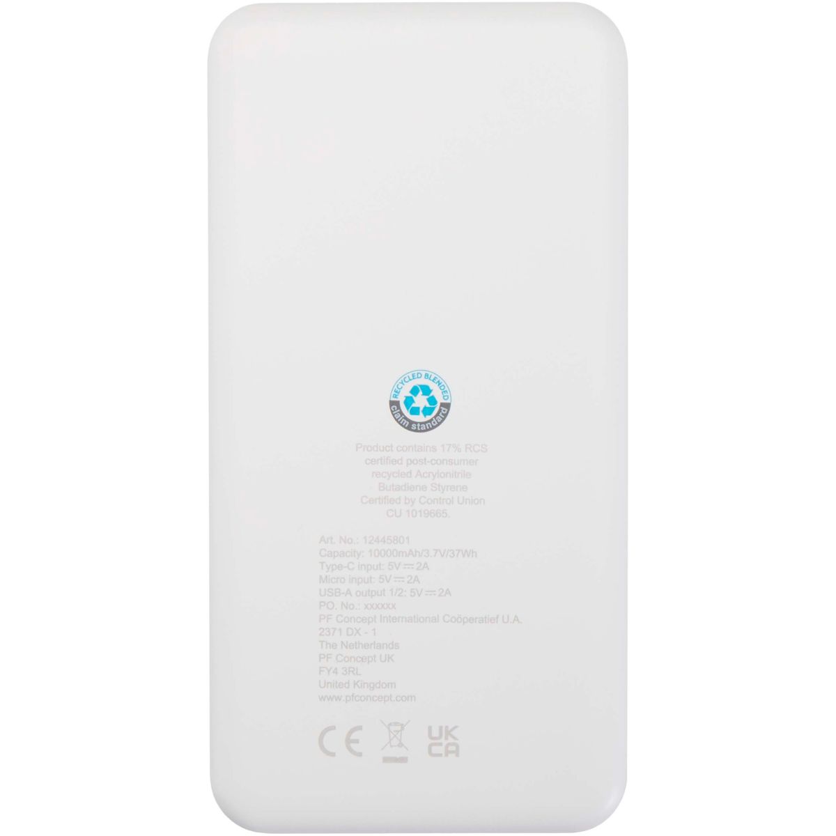 Powerbanks 10.000 mAh, 10 W, van gerecycled kunststof