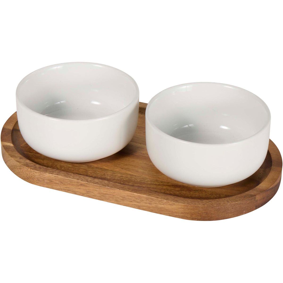 Sets van 2 keramische schalen 210 ml met acaciahouten dienblad