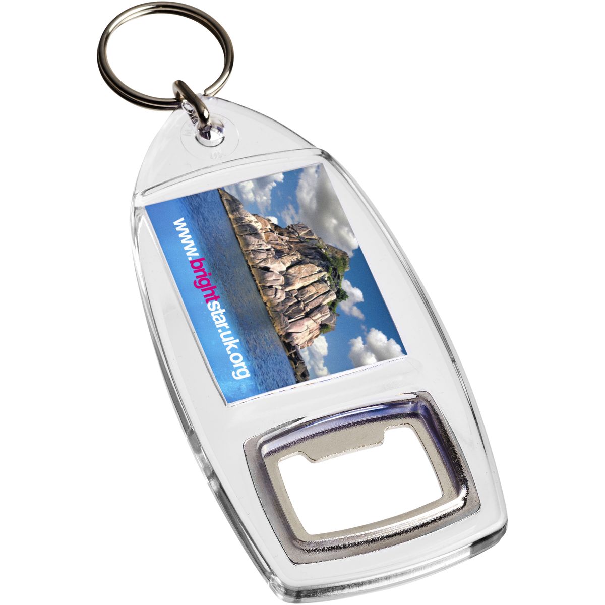 Transparante sleutelhangers met flesopener, inzetstuk 4 x 3,2 cm